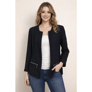 Alfani Women’s Black Blazer Jacket Size M Business Casual Gold Zipper Open Front